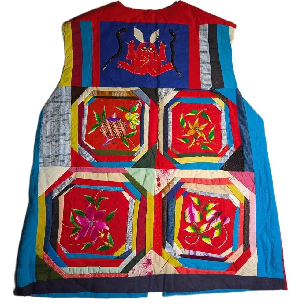 Vtg 1990s Red Handmade Primitive Tribal Applique Embroidered Hook Vest Sz L